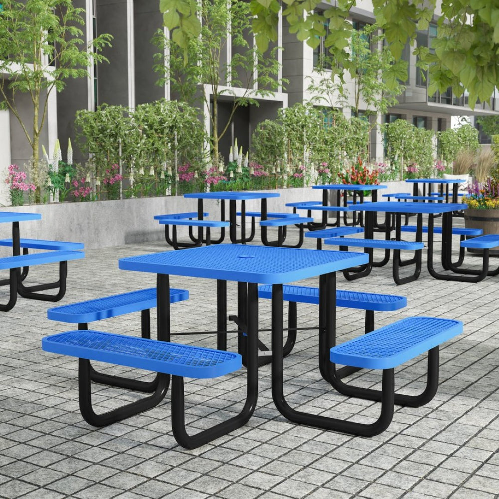 English Elm Creekside 46" Square Outdoor Picnic Table - Durable Heavy-Gauge Metal Mesh Top with Anchors & Safety Blue 79.75"W x 79.75"D x 28.75"H SLF-EMS46-H60L-BL-GG