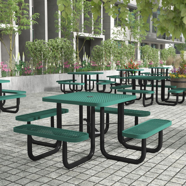 English Elm Creekside 46" Square Outdoor Picnic Table - Durable Heavy-Gauge Metal Mesh Top with Anchors & Safety Green 79.75"W x 79.75"D x 28.75"H SLF-EMS46-H60L-GN-GG