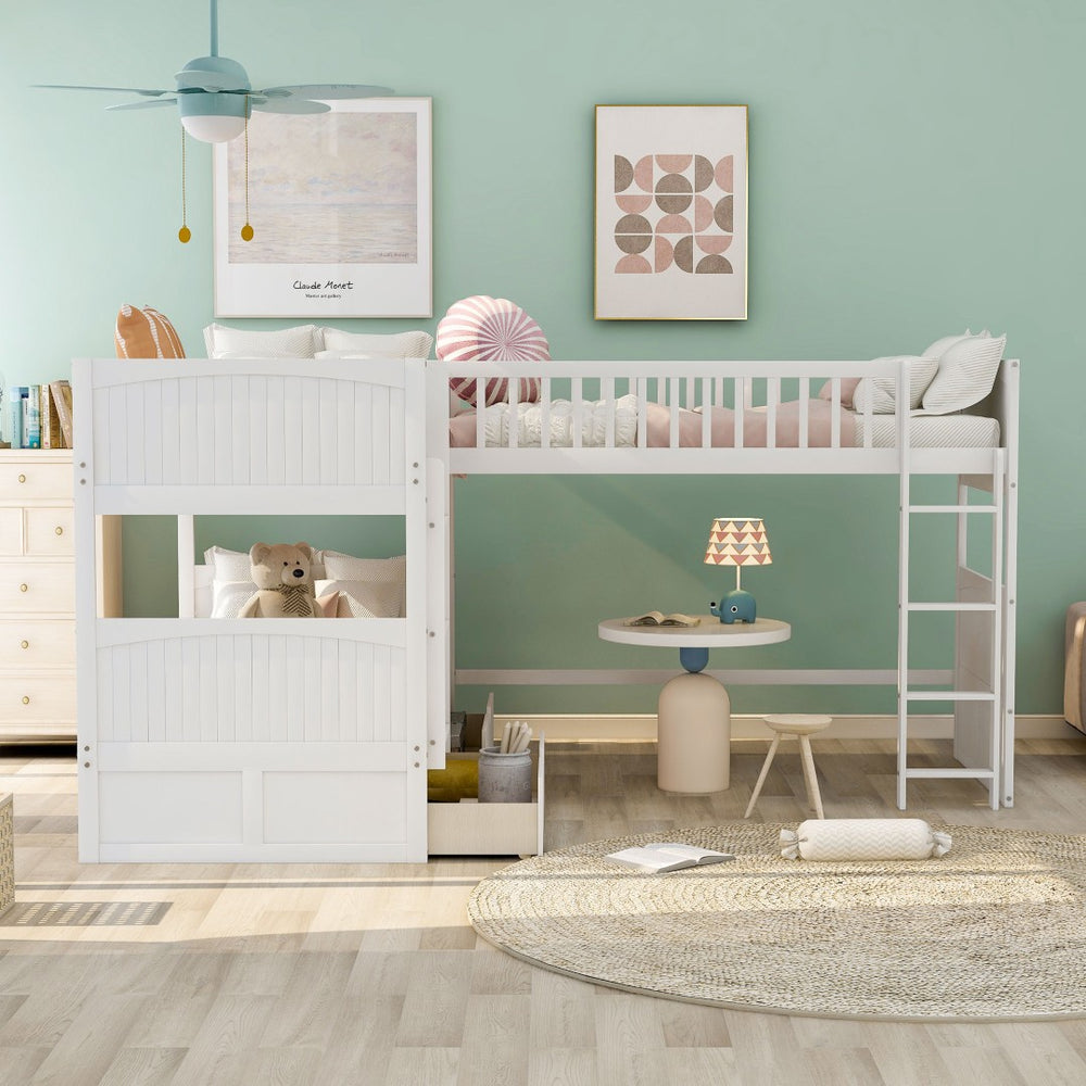 English Elm Twin Triple Sleeper Bunk Loft Bed Pine Mdf Frame White Finish with Storage Drawers SM000232AAK-2