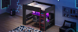 English Elm Wood Twin Loft Bed with Gaming Desk LED Lighting Charging Station and Storage SM000373AAJ