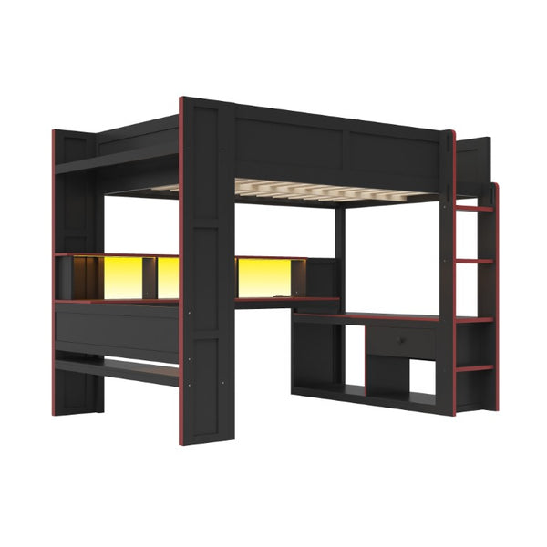 English Elm Wood Twin Loft Bed with Gaming Desk LED Lighting Charging Station and Storage SM000373AAJ