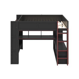 English Elm Wood Twin Loft Bed with Gaming Desk LED Lighting Charging Station and Storage SM000373AAJ