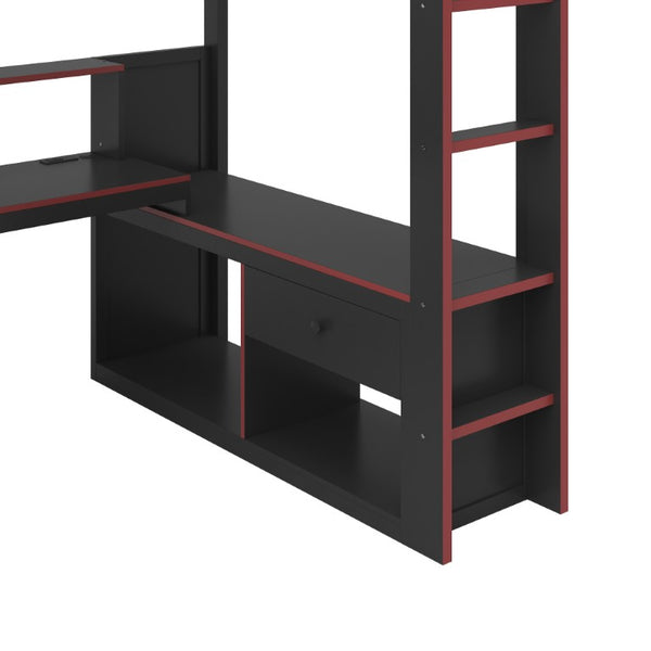 English Elm Wood Twin Loft Bed with Gaming Desk LED Lighting Charging Station and Storage SM000373AAJ