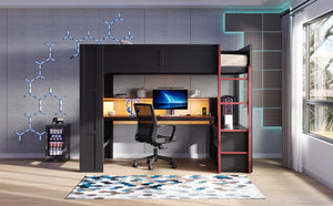 English Elm Wood Twin Loft Bed with Gaming Desk LED Lighting Charging Station and Storage SM000373AAJ