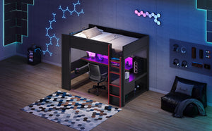 English Elm Wood Twin Loft Bed with Gaming Desk LED Lighting Charging Station and Storage SM000373AAJ