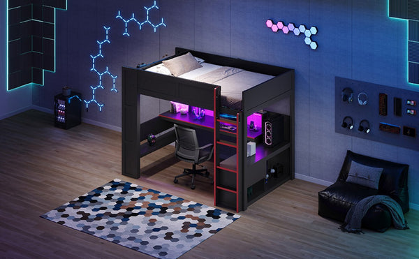 English Elm Wood Twin Loft Bed with Gaming Desk LED Lighting Charging Station and Storage SM000373AAJ