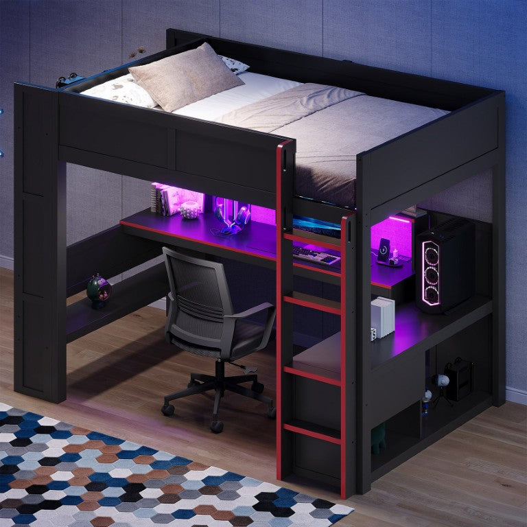 English Elm Wood Full Size Gaming Loft Bed with LED Lighting Desk Shelves and Charging Station SM000374AAJ