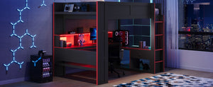 English Elm Wood Full Size Gaming Loft Bed with LED Lighting Desk Shelves and Charging Station SM000374AAJ