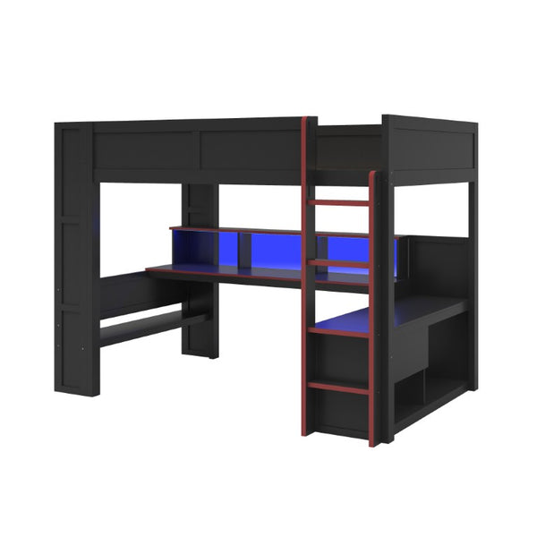 English Elm Wood Full Size Gaming Loft Bed with LED Lighting Desk Shelves and Charging Station SM000374AAJ