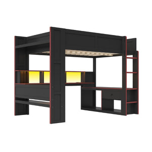 English Elm Wood Full Size Gaming Loft Bed with LED Lighting Desk Shelves and Charging Station SM000374AAJ