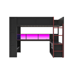 English Elm Wood Full Size Gaming Loft Bed with LED Lighting Desk Shelves and Charging Station SM000374AAJ