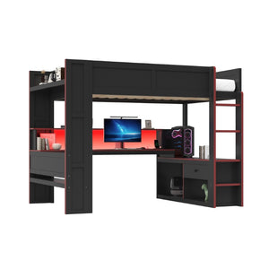 English Elm Wood Full Size Gaming Loft Bed with LED Lighting Desk Shelves and Charging Station SM000374AAJ