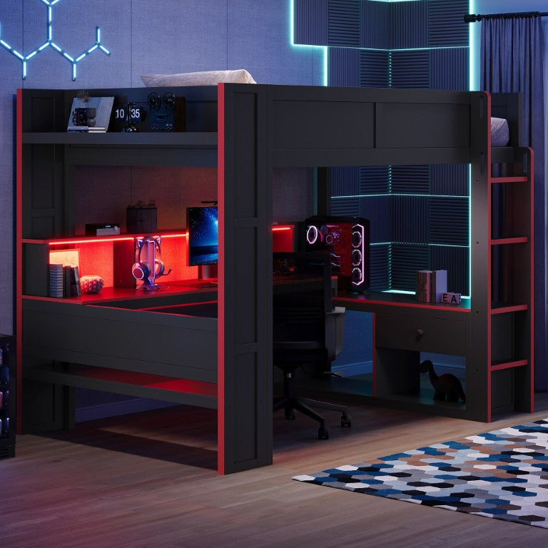 English Elm Wood Full Size Gaming Loft Bed with LED Lighting Desk Shelves and Charging Station SM000374AAJ