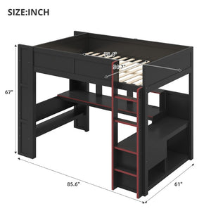 English Elm Wood Full Size Gaming Loft Bed with LED Lighting Desk Shelves and Charging Station SM000374AAJ