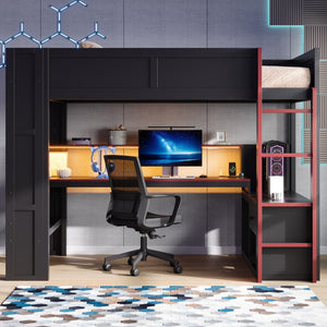 English Elm Wood Full Size Gaming Loft Bed with LED Lighting Desk Shelves and Charging Station SM000374AAJ