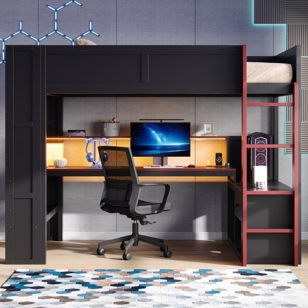 English Elm Wood Full Size Gaming Loft Bed with LED Lighting Desk Shelves and Charging Station SM000374AAJ