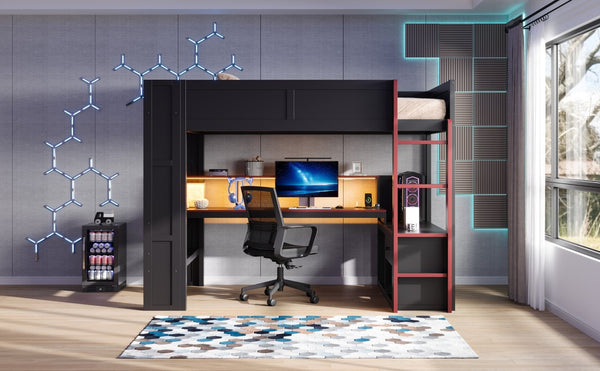English Elm Wood Full Size Gaming Loft Bed with LED Lighting Desk Shelves and Charging Station SM000374AAJ