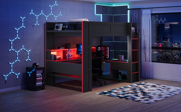 English Elm Wood Full Size Gaming Loft Bed with LED Lighting Desk Shelves and Charging Station SM000374AAJ