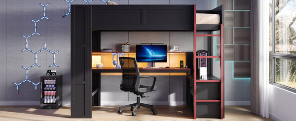 English Elm Wood Full Size Gaming Loft Bed with LED Lighting Desk Shelves and Charging Station SM000374AAJ