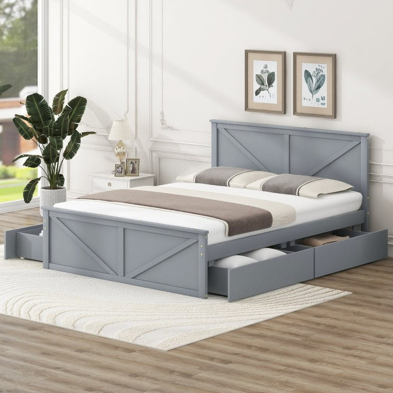 English Elm Queen Platform Bed in Gray Pine Wood with Four Underbed Storage Drawers and Tall Headboard SM000536AAE