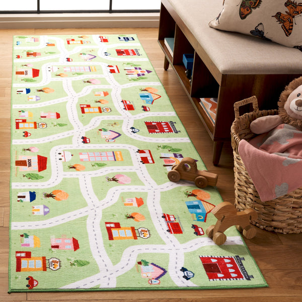 Safavieh Santa Monica Kids Playful Area Rug With Town Motif - Cozy, Washable, And Slip-resistant Design Light Green Polyester Smk100y-8