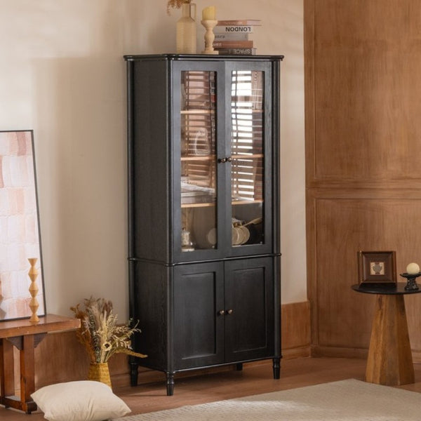 English Elm 73.25''H Mid-Century Curio Cabinet Ash Veneer Glass Doors Carved Legs Living Room SN845P296681B