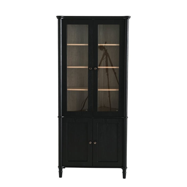 English Elm 73.25''H Mid-Century Curio Cabinet Ash Veneer Glass Doors Carved Legs Living Room SN845P296681B