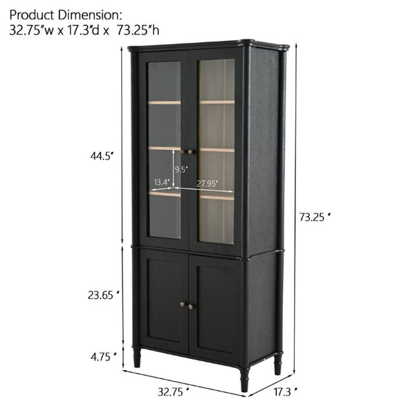 English Elm 73.25''H Mid-Century Curio Cabinet Ash Veneer Glass Doors Carved Legs Living Room SN845P296681B