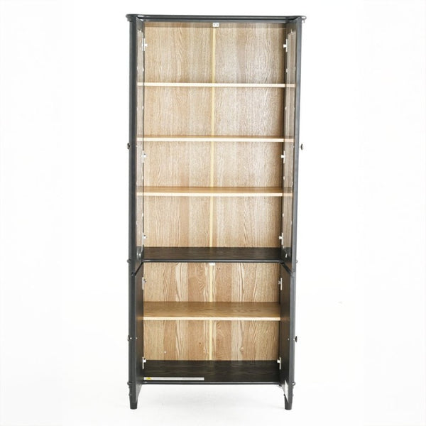 English Elm 73.25''H Mid-Century Curio Cabinet Ash Veneer Glass Doors Carved Legs Living Room SN845P296681B