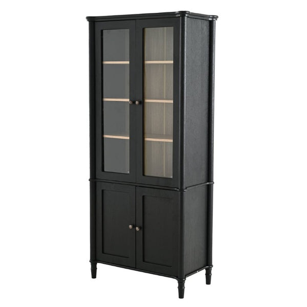 English Elm 73.25''H Mid-Century Curio Cabinet Ash Veneer Glass Doors Carved Legs Living Room SN845P296681B