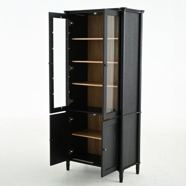 English Elm 73.25''H Mid-Century Curio Cabinet Ash Veneer Glass Doors Carved Legs Living Room SN845P296681B