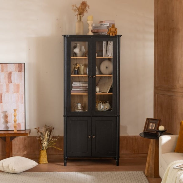 English Elm 73.25''H Mid-Century Curio Cabinet Ash Veneer Glass Doors Carved Legs Living Room SN845P296681B