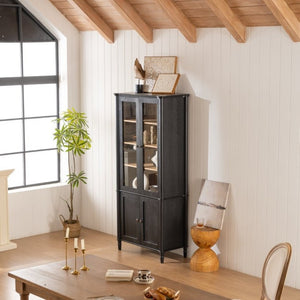 English Elm 73.25''H Mid-Century Curio Cabinet Ash Veneer Glass Doors Carved Legs Living Room SN845P296681B