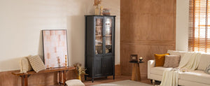 English Elm 73.25''H Mid-Century Curio Cabinet Ash Veneer Glass Doors Carved Legs Living Room SN845P296681B
