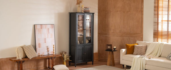 English Elm 73.25''H Mid-Century Curio Cabinet Ash Veneer Glass Doors Carved Legs Living Room SN845P296681B