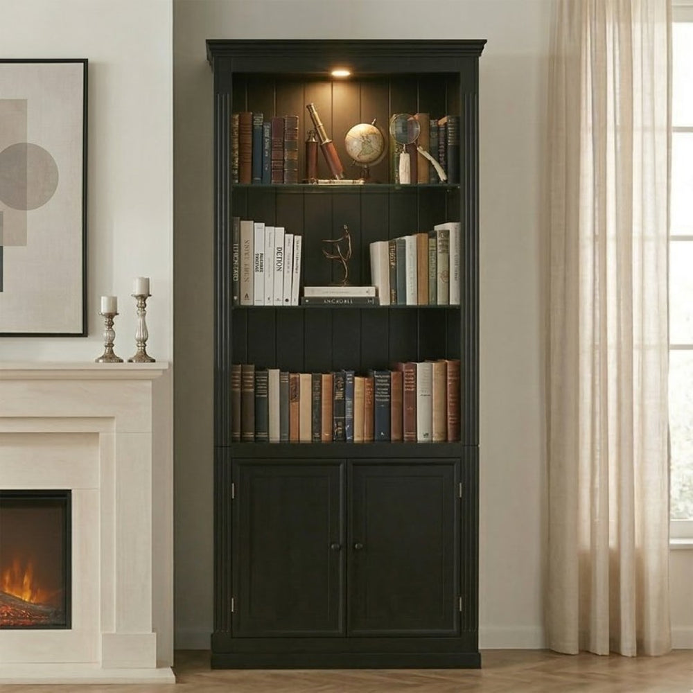 English Elm 78.75''H 4-Tier Farmhouse Bookcase with LED Lighting Tempered Glass Shelves and Cabinet Doors SN845P390190B