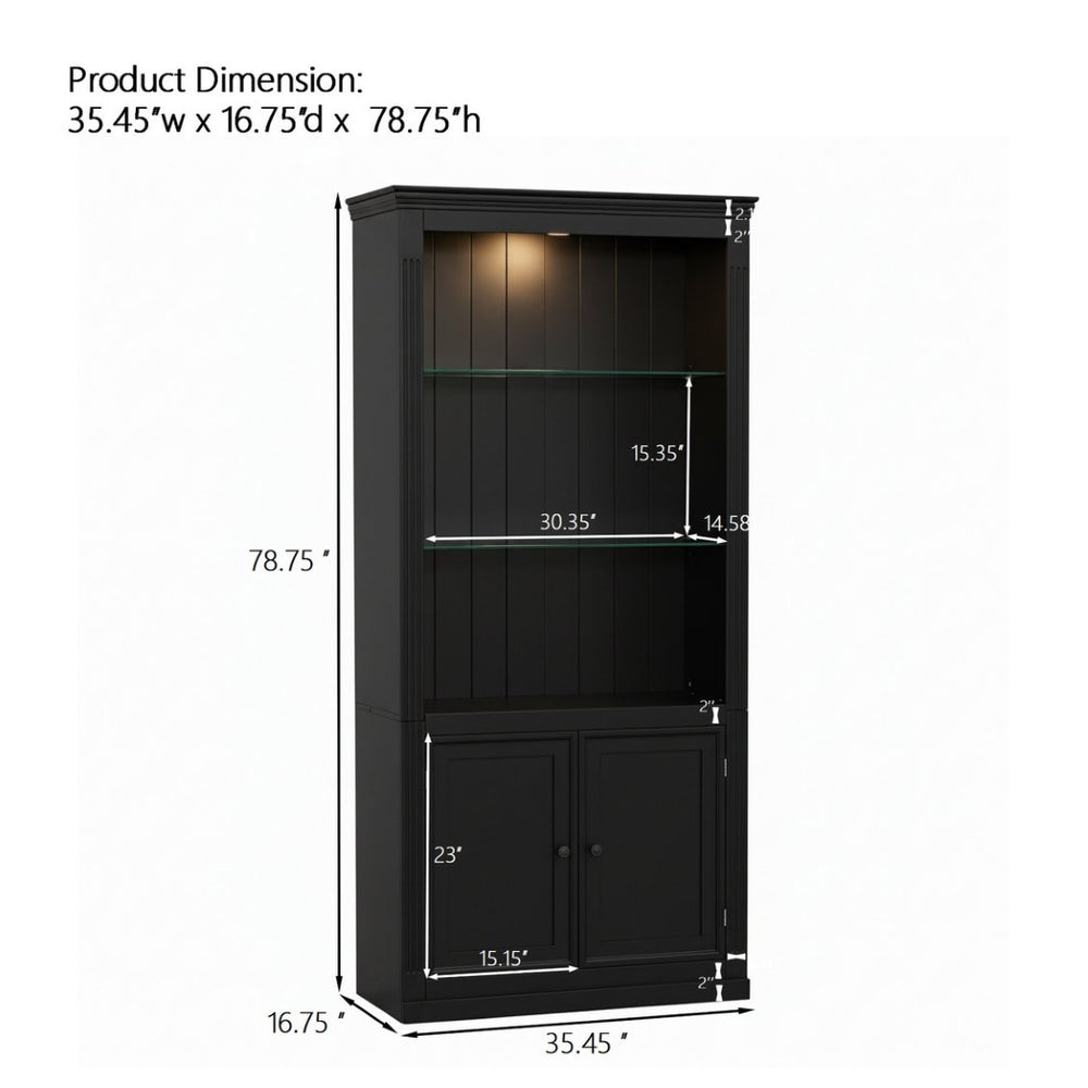 English Elm 78.75''H 4-Tier Farmhouse Bookcase with LED Lighting Tempered Glass Shelves and Cabinet Doors SN845P390190B