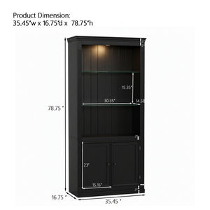 English Elm 78.75''H 4-Tier Farmhouse Bookcase with LED Lighting Tempered Glass Shelves and Cabinet Doors SN845P390190B