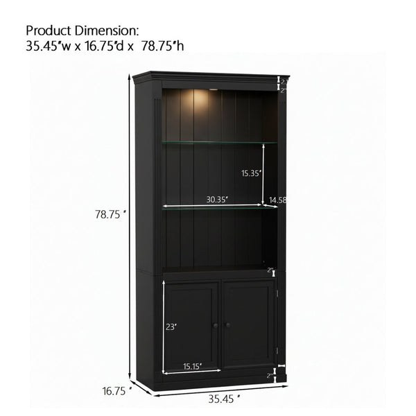 English Elm 78.75''H 4-Tier Farmhouse Bookcase with LED Lighting Tempered Glass Shelves and Cabinet Doors SN845P390190B
