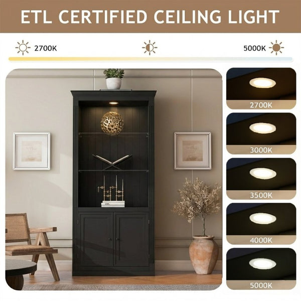 English Elm 78.75''H 4-Tier Farmhouse Bookcase with LED Lighting Tempered Glass Shelves and Cabinet Doors SN845P390190B