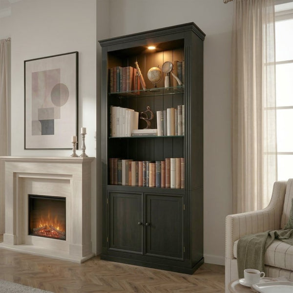 English Elm 78.75''H 4-Tier Farmhouse Bookcase with LED Lighting Tempered Glass Shelves and Cabinet Doors SN845P390190B
