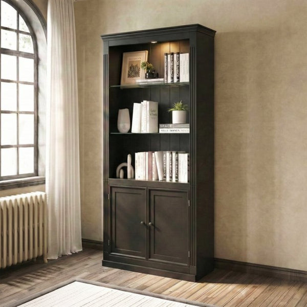 English Elm 78.75''H 4-Tier Farmhouse Bookcase with LED Lighting Tempered Glass Shelves and Cabinet Doors SN845P390190B
