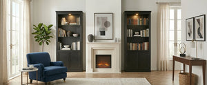 English Elm 78.75''H 4-Tier Farmhouse Bookcase with LED Lighting Tempered Glass Shelves and Cabinet Doors SN845P390190B