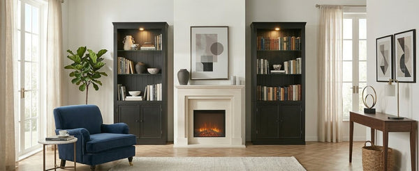 English Elm 78.75''H 4-Tier Farmhouse Bookcase with LED Lighting Tempered Glass Shelves and Cabinet Doors SN845P390190B