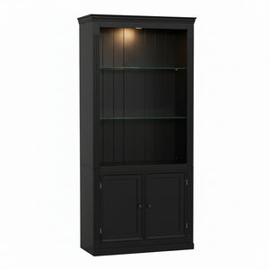 English Elm 78.75''H 4-Tier Farmhouse Bookcase with LED Lighting Tempered Glass Shelves and Cabinet Doors SN845P390190B