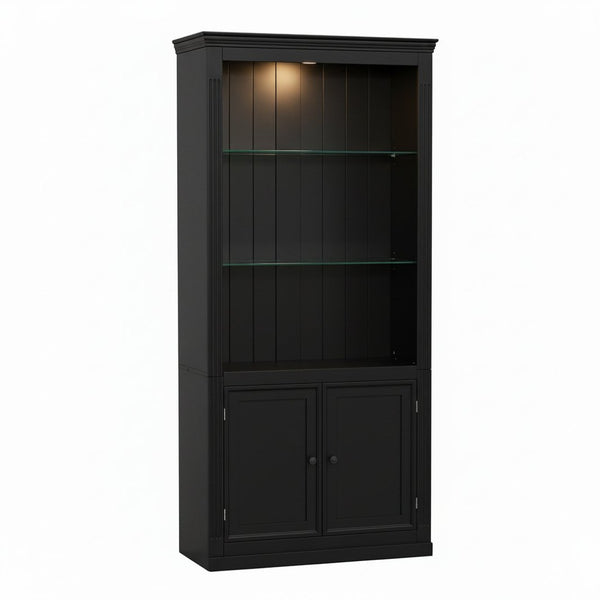 English Elm 78.75''H 4-Tier Farmhouse Bookcase with LED Lighting Tempered Glass Shelves and Cabinet Doors SN845P390190B