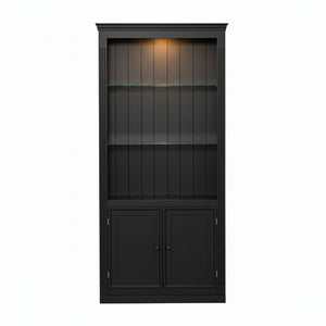 English Elm 78.75''H 4-Tier Farmhouse Bookcase with LED Lighting Tempered Glass Shelves and Cabinet Doors SN845P390190B