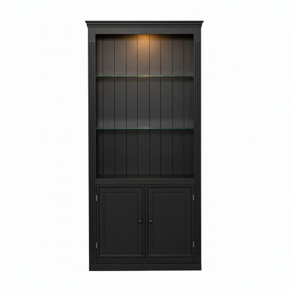 English Elm 78.75''H 4-Tier Farmhouse Bookcase with LED Lighting Tempered Glass Shelves and Cabinet Doors SN845P390190B