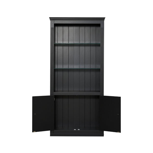 English Elm 78.75''H 4-Tier Farmhouse Bookcase with LED Lighting Tempered Glass Shelves and Cabinet Doors SN845P390190B
