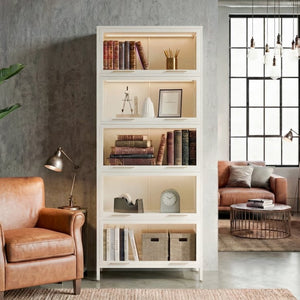 English Elm 76.75'' Five Tier Iron Curio Cabinet Tempered Glass Doors Led Lit White Steel SN845P397473W